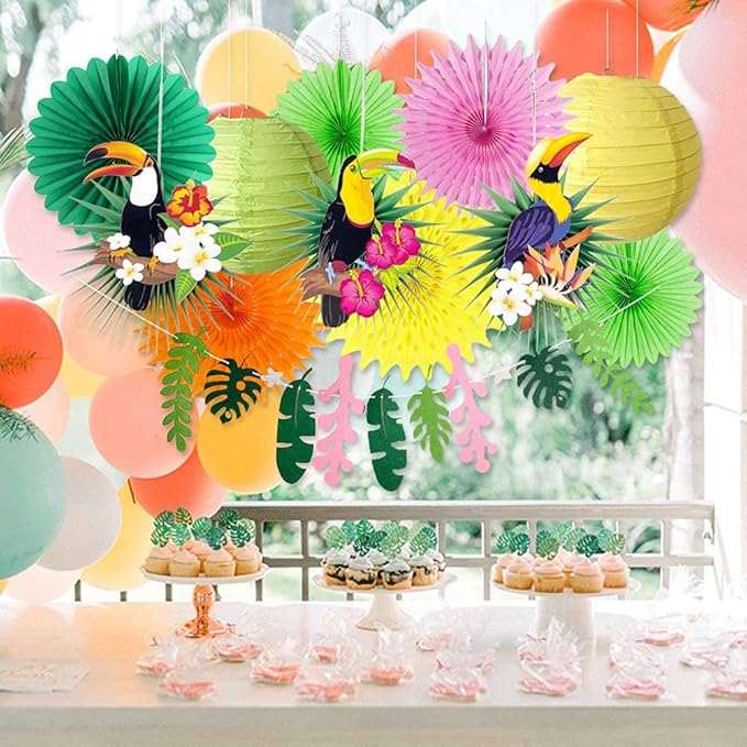 Tropical Bird Toucan Leaf Garland Party Kit for Summer Hawaiian Luau Tiki Tropical Jungle Themed Party Decorations Luau Party Supplies Decor with Palm Leaves Paper Fan Paper Lanterns