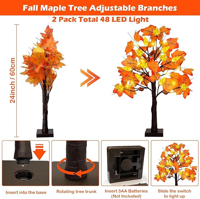 2 Pack 24 Inch Prelit Fall Maple Tree Decorations with 48 LEDs Timer Fall Battery Operated Lighted Artificial Pumpkin Acorn Light Up Maple Tree for Thanksgiving Harvest Table Home Indoor Decor
