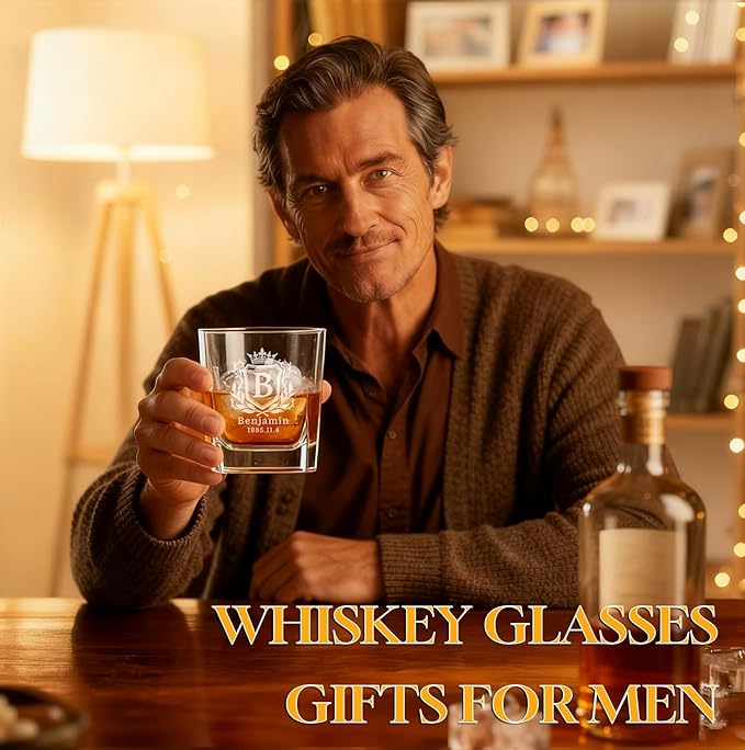 Custom Whiskey Glasses-Personalized Engraved 26 Letters Name Initials Whiskey Rocks Glass Tumbler for Men,Gift for Father's Day, Birthdays, Weddings,Anniversaries