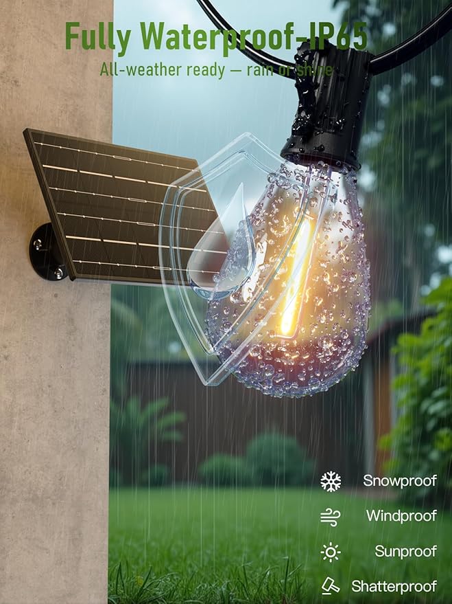 luckystyle 100FT Solar String Lights Outdoor Waterproof 2200K with Remote & USB Charging, 36+2 LED Shatterproof Bulbs, Dimmable & Timable, 3 Light Modes, Long Last for Garden,Patio, Backyard, Camping
