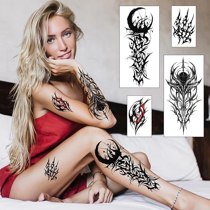77 Sheets Cyborg Tribal Temporary Tattoo for Women Men, 17 Half Arm Large Skull Butterfly Fake Tattoos, 60 Black Vintage Tiny Adult Kid Body Tattoos Stickers Realistic Waterproof Long Lasting