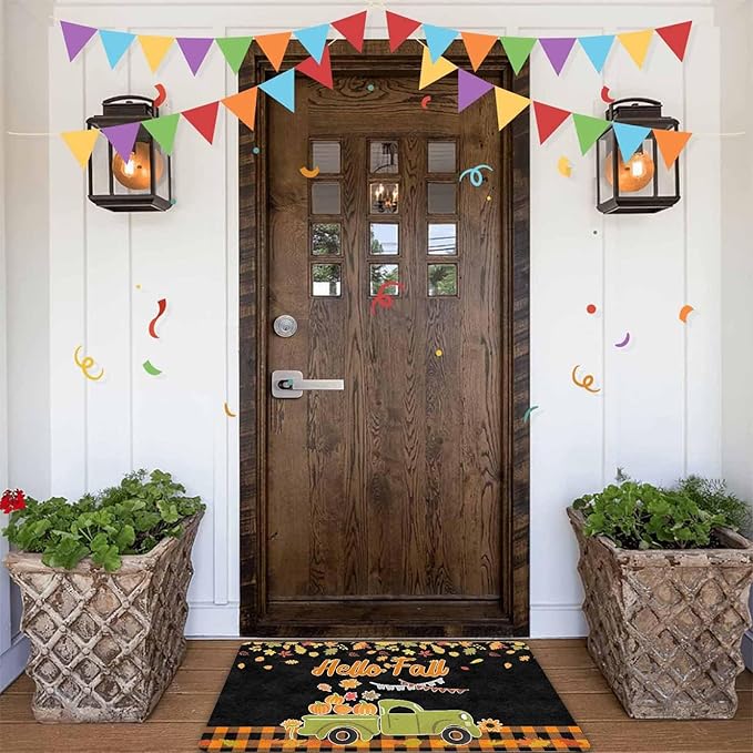 Fall-Happy-Thanksgiving Door Mat Fall Truck Maple Leaves Welcome Doormat, Seasonal Harvest Thanksgiving Vintage Rustic Low-Profile Floor Switch Mat for Indoor Outdoor, 30"x18"inch, 30"x18"inch