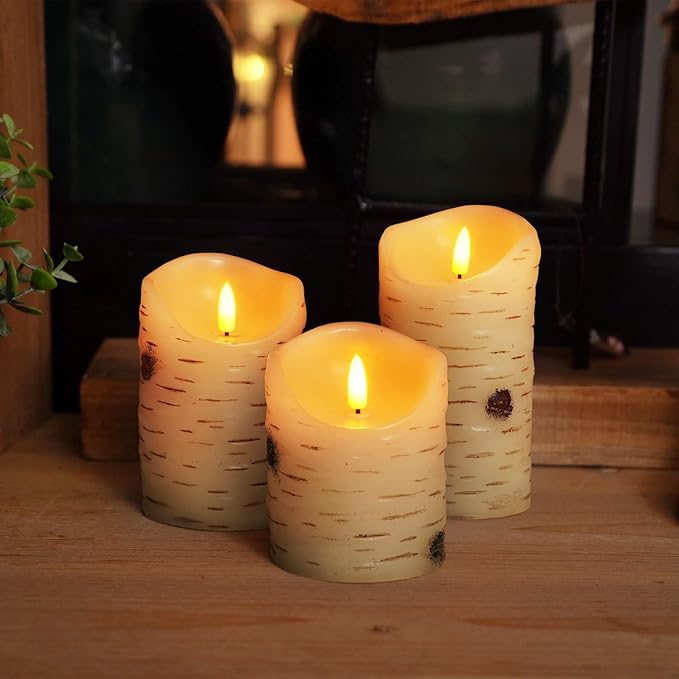 Homemory Birch Flameless Candles, LED Pillar Candles, Battery Operated Candles with Timer and Remote Control, D3 H4 5" 6", Wax, Set of 3