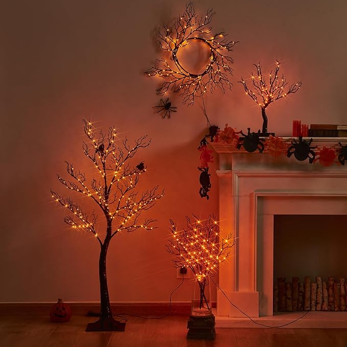Birchlitland Halloween Tree with Lights 150 Orange Fairy Lights, 4TF Tell Black Glittered Tree Lights Pull in for Indoor and Outdoor Halloween Party Decoration
