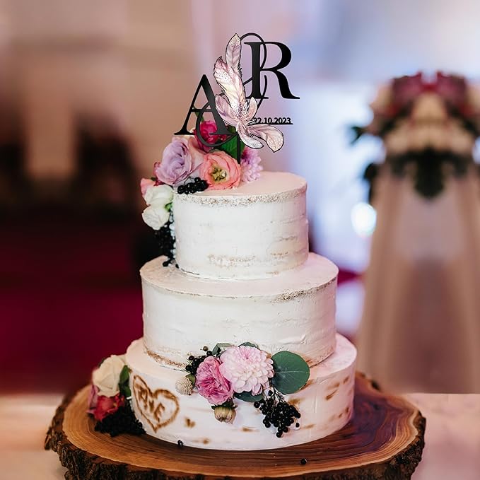 Personalized Boho Wedding Cake Topper in Acrylic Custom Bride and Groom Initial Cake Topper Wedding Date Cake Decoration (Boho Feather)