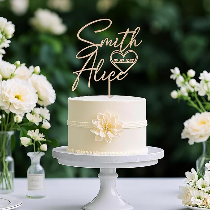 Personalized Wedding Cake Topper with Custom Bride and Groom's Names and Wedding Date in Heart Cake Decoration in Wood
