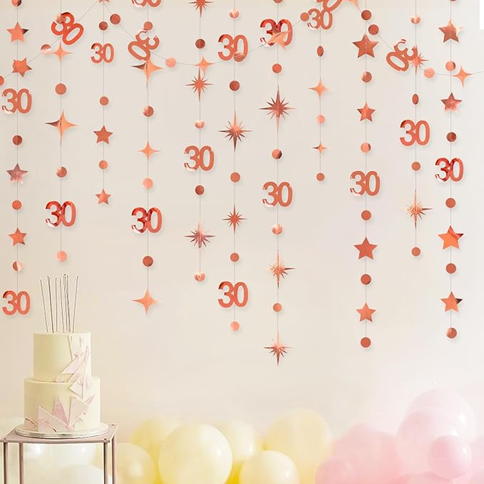 Rose Gold 30th Birthday Decorations Number 30 Circle Dot Twinkle Star Garland Metallic Hanging Streamer Bunting Banner Backdrop for Her Dirty 30 Year Old Birthday Thirty Anniversary Party Supplies