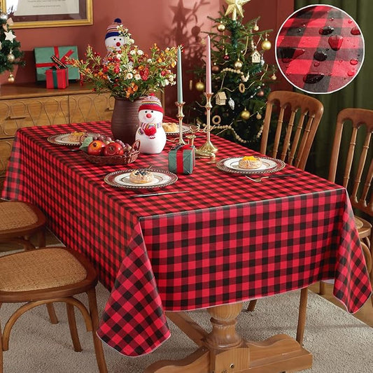 Buffalo Plaid Vinyl Christmas Tablecloth Rectangle 52 x 70 Inch with Flannel Backing, Waterproof & Anti-Slip Table Cloth, Plastic Table Cover for Dining, Winter Party & Holiday, Red and Black