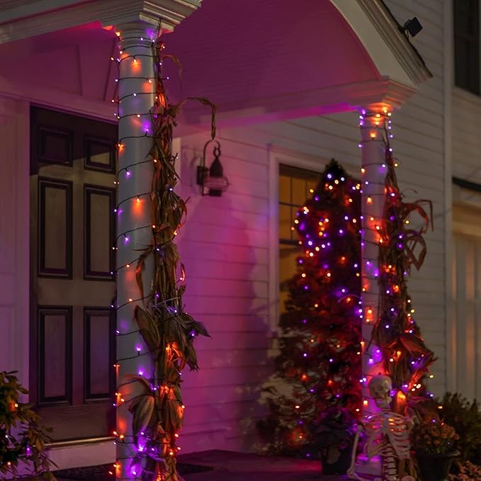 Dazzle Bright Halloween String Lights, 66FT 200 LED Connectable Black Wire 8 Modes String Lights, Waterproof Christmas Decorations for Indoor Outdoor Patio Party Holiday, Purple & Orange