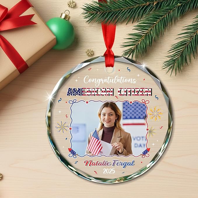 Personalized Congratulations American Citizen Ornament with Name & Photo, Upload Photo New American Citizen Xmas Tree Ornaments 2025, Customized Glass Christmas Ornament Gifts for Men Women Citizens
