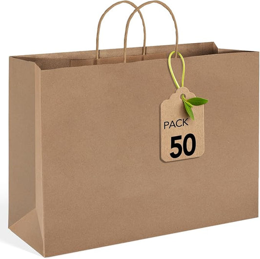 MESHA Large Paper Bags 16x6x12 Inch,Brown Kraft Gift Bags 50 Pack Bulk, Crafts Shopping Bag For Retail Wedding Party Favor Small Business Grocery