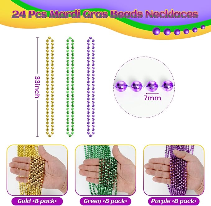 SHAOQINLIN Mardi Gras Beads, 24Pcs Mardi Gras Beads Necklaces 33'' 7 mm Metallic Gold Green Purple Bead Necklaces Mardi Gras Decorations for Mardi Gras, Christmas, Party Favors