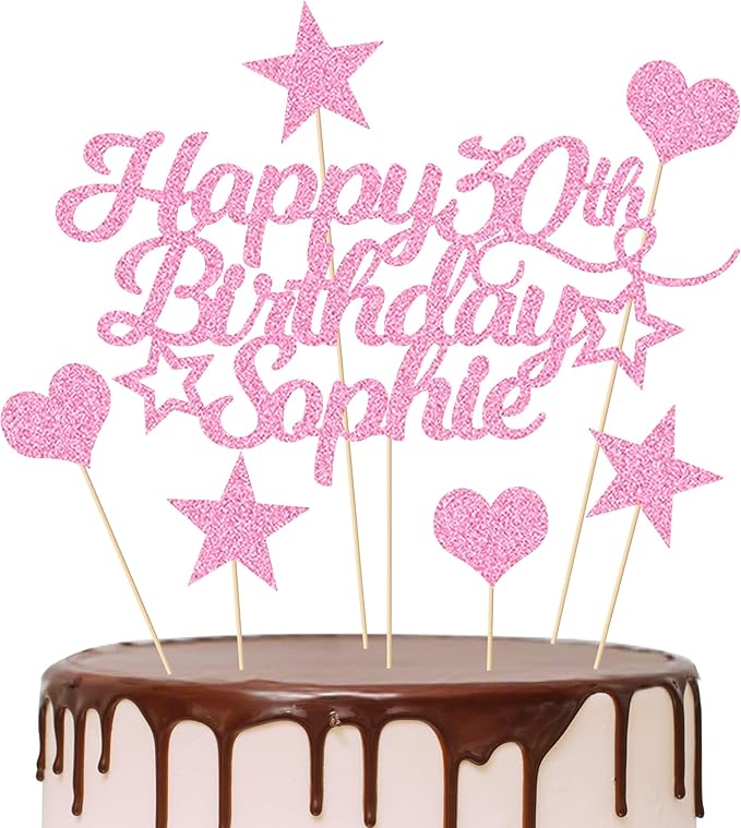 Personalized Happy Birthday Cake Topper Customized with Any Age Name Party Cake Decoration 16 18 21 40 60 Double Sided Glitter Card Baby Pink