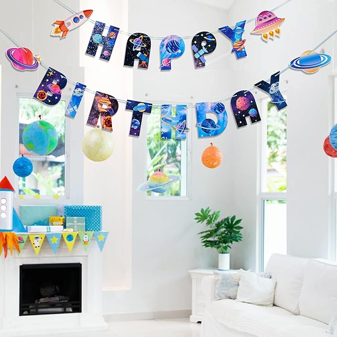 SUNBEAUTY Universe Outer Space Theme Birthday Banner Galaxy Happy Birthday Party Decoration Space Birthday Decorations Solar System Decoration | Pre-Strung