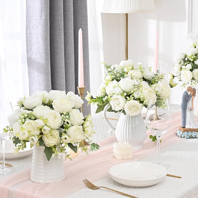 MARTINE MALL 4 Packs Peonies Artificial Flowers, White Artificial Peonies, Silk Peonies Flowers Fake Peonies Artificial Flowers Peonies Bouquet for Centerpiece Table Wedding Party Home Decor