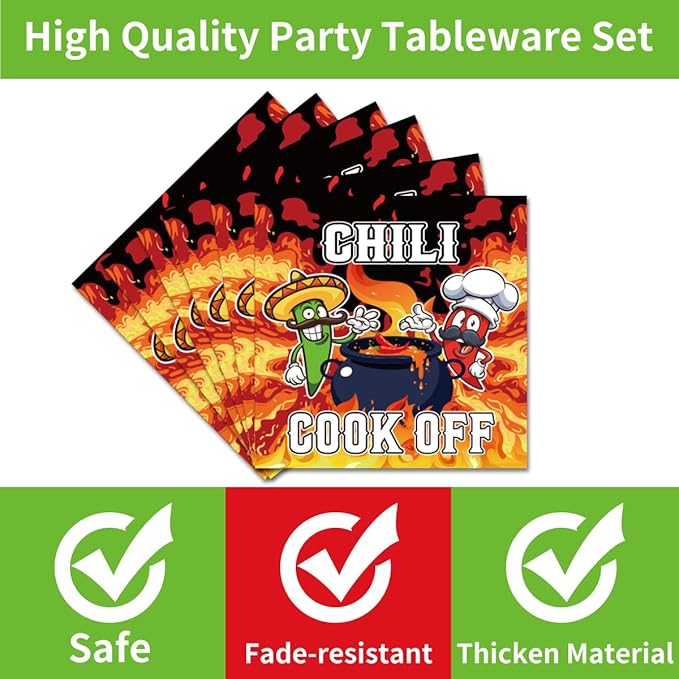 96Pcs Chili Cook Off Decorations Disposable Tableware Set - Chill Cook Off Paper Plates Napkins Forks Chili Contest Tasting Competition Party Supplies Serve 24 Guests