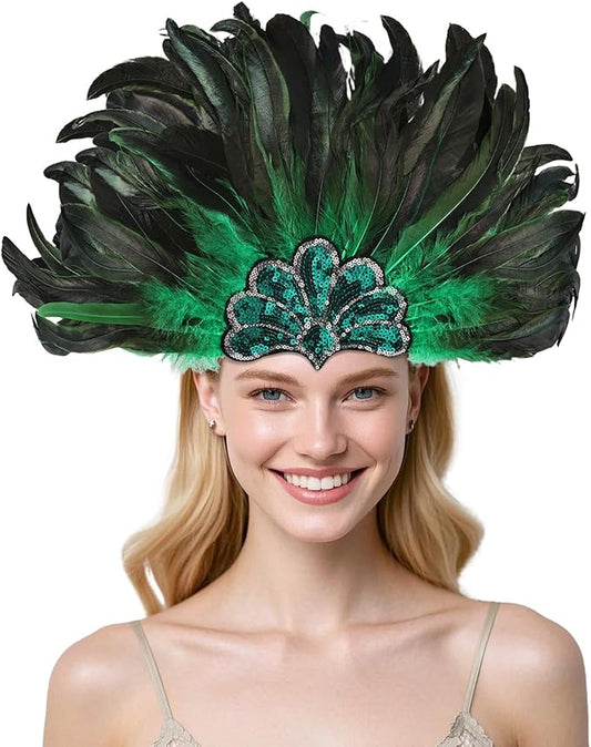 Women's Carnival Feather Headpieces Sequin Headdress for Wedding Masquerade Party Cosplay Feather Headbands