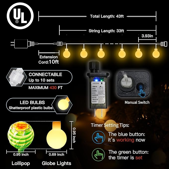 suddus String Lights for Bedroom, 33ft 100 Led Connectable Globe String Lights Indoor, Hanging Fairy Lights Plug in with Remote for Room, Dorm, Outdoor, Christmas Tree Decor, Thanksgiving, Warm White