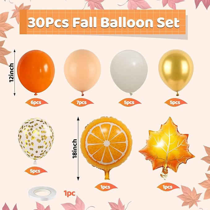 Fall Balloons,12 Inch Pastel Orange White and Gold Confetti Balloons with Leaf Citrus Foil Balloon for Fall Baby Shower Autumn Birthday Wedding Halloween Thanksgiving Party Decorations