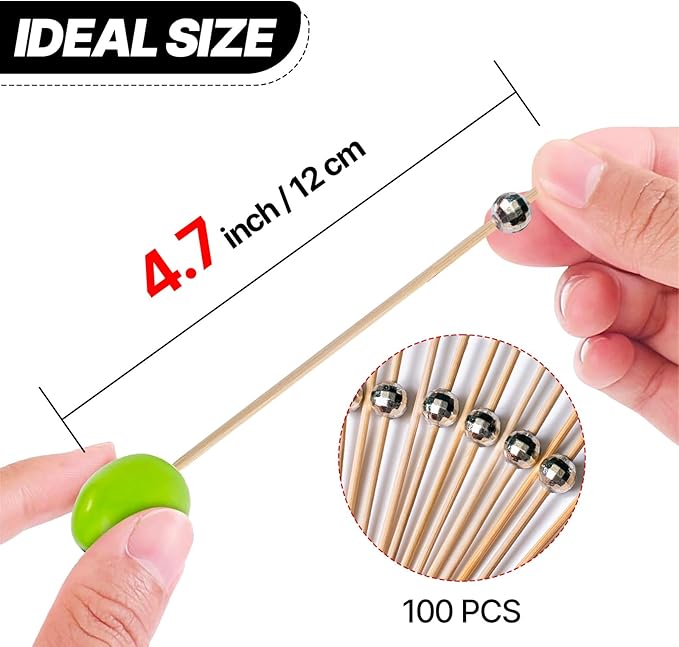 PuTwo Cocktail Picks 4.7 Inch 100pcs Bamboo Fancy Skewers Toothpicks for Appetizers Silver Disco Toothpicks for Food Drink Fruit Sandwich BBQ Charcuterie Boards Accessories Disco Party Supplies