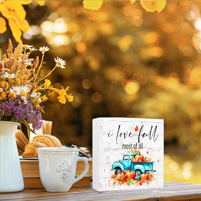 Funny Autumn Wood Box Sign I Love Fall Most Of All Wooden Block Desk Decor for Home Office Kitchen Cubicle Table Shelf Tabletop,Farmhouse Fall Sign Decor