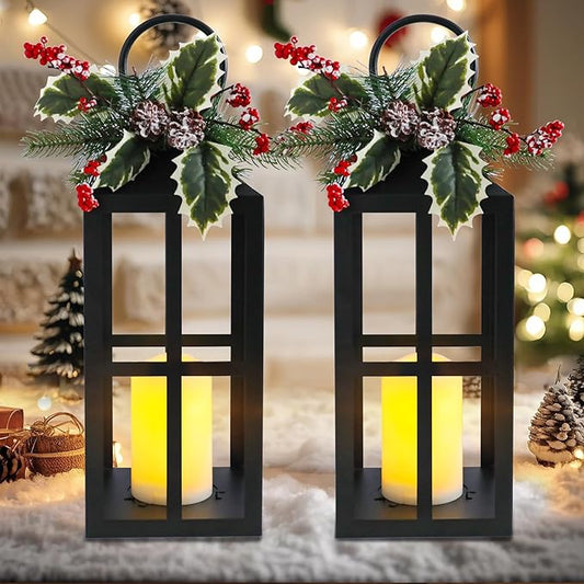 Christmas Lanterns Decorative Indoor Outdoor, 2 Pack Black Christmas Lantern, 18 Inch Timer Decorative Candle Lanterns Flameless Light with Pine Cones and Needles for Home, Party, Farmhouse Decor