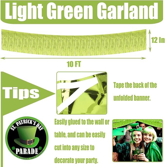 6 Pack 10 Feet Foil Fringe Garland Metallic Tinsel Streamers Banner Wall Hanging Curtain Backdrop for Parade Floats, Wedding, Birthday, St Patrick Day, Valentine's Day Party Decorations(Light Green)