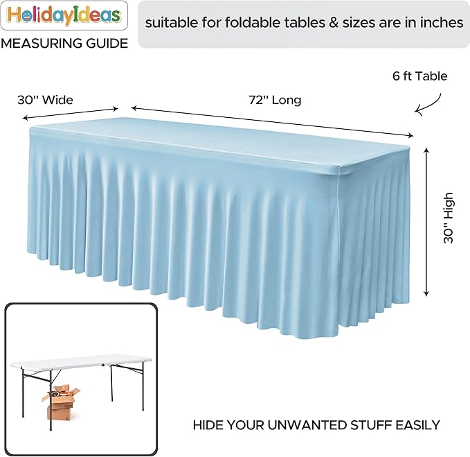 HolidayIdeas Floor Length 6ft Spandex Tablecloth 2 Pack Fitted Stretch Table Skirts 30x72 Inch, Ruffle Design Wrinkle-Free Polyester Table Cover for Weddings Parties Banquets Events,Baby Blue, 2 Pcs