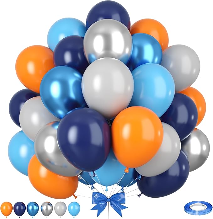 Blue and Orange Balloons, Blue Silver Orange Balloons, Royal Blue light Blue Grey Metallic Balloon for Outer Space Astronaut Theme Boy Birthday Party Baby Shower Wedding Graduation Decorations