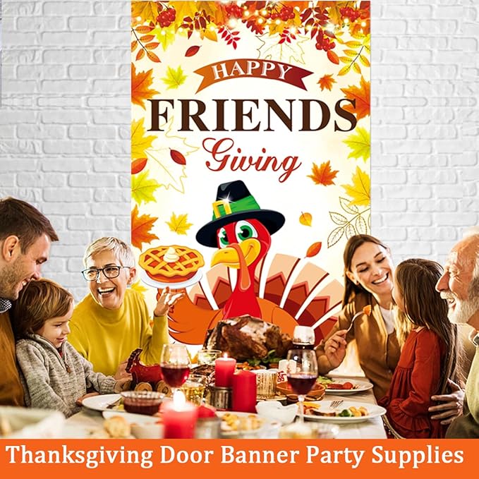 Happy Friendsgiving Decorations Door Cover Banner Large Size for Thanksgiving Friends Giving Themed Party Decorations Indoor Outdoor Supplies 71x35inch