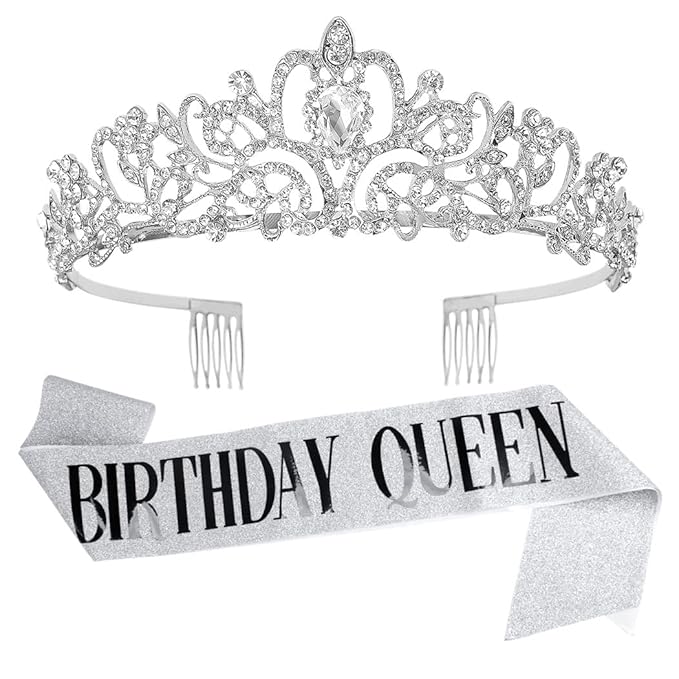 AOPRIE Birthday Crown for Women Happy Birthday Queen Sash Silver Tiara for Women Princess Crown Rhinestone Accessories Party Favor