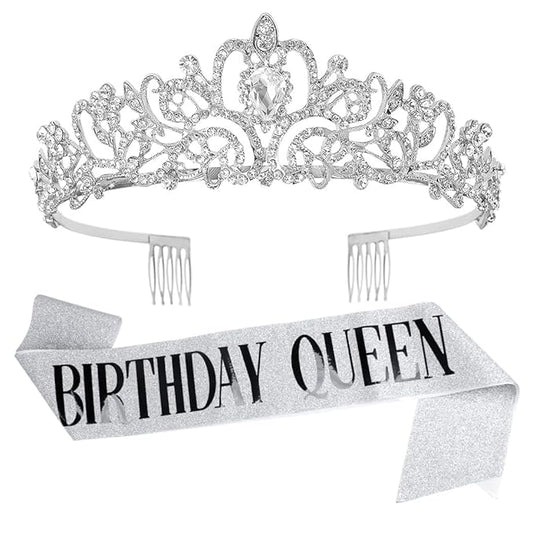 AOPRIE Birthday Crown for Women Happy Birthday Queen Sash Silver Tiara for Women Princess Crown Rhinestone Accessories Party Favor