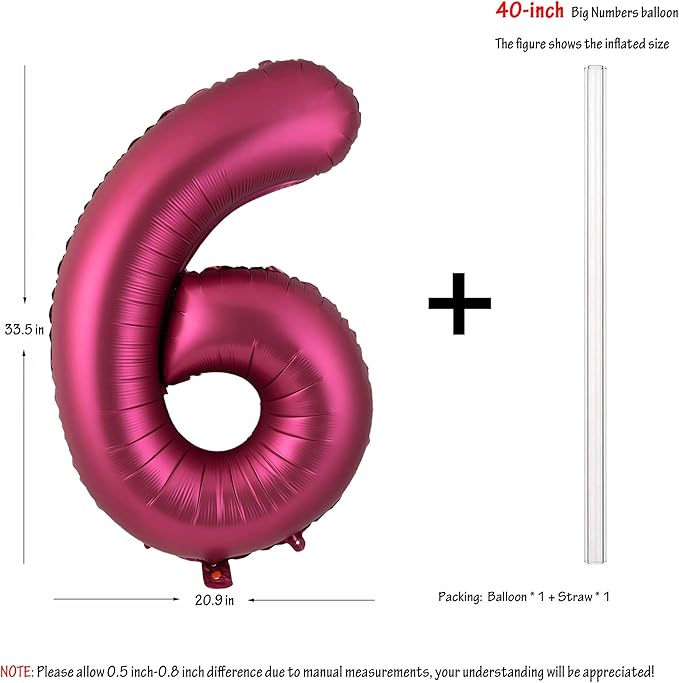 Number 6 Balloons 40 Inch Wine Red Burgundy Foil Helium Large Balloons for Birthday Party Anniversary Decorations（Digital 6）