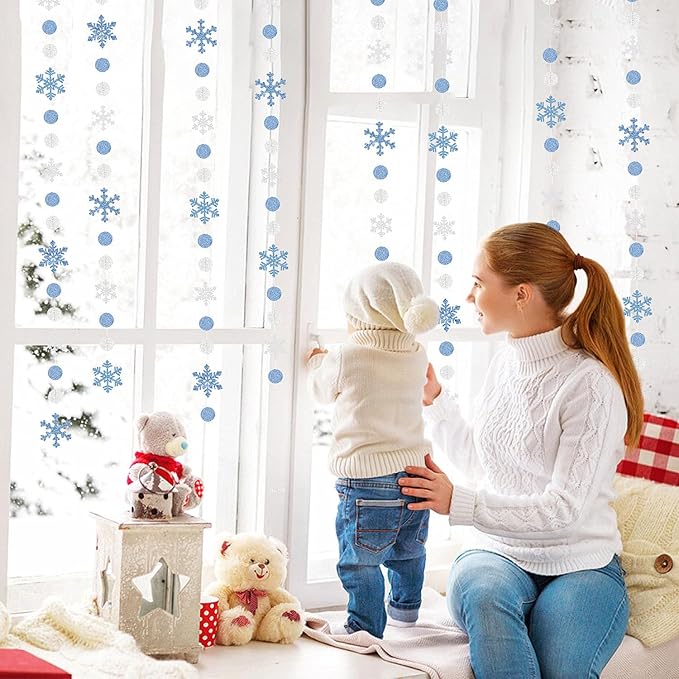 Snowflake-Snow Blue-Silver Christmas Party-Decoration Garland - 52Ft White Winter Wonderland Frozen Hanging Paper Streamers,Birthday New Year Baby Shower Supplies Classroom Decor Lasting Surprise