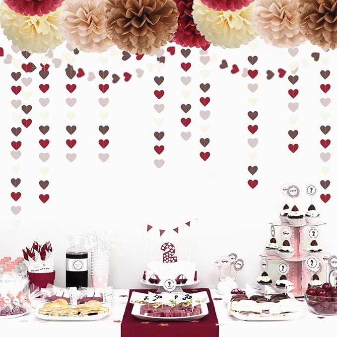 Boho Wedding Bridal-Shower Party-Decorations Heart-Garland - 52Ft Fall Autumn Brown Burgundy Dusty-Pink Paper Streamers Banner,Birthday Baby Engagement Bachelorette Valentines Decor Lasting Surprise