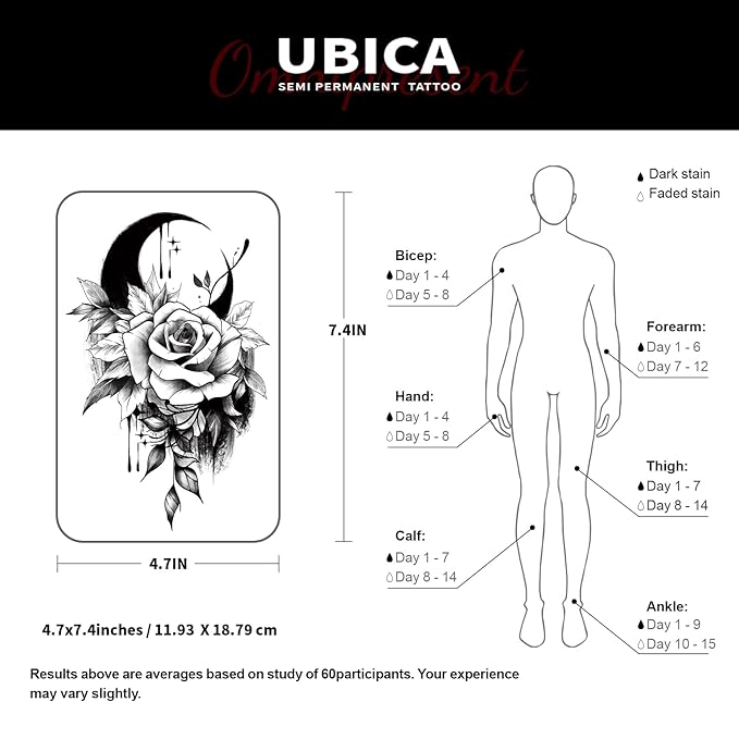 Semi Permanent Tattoos for Women, 2 Sheets Large Temporary Fake Tattoo Rose, Lasts 7-15 Days Water-Resistant, Realistic Flower & Moon Design for Arm Thigh Back, Non-Reflective Body Art Stickers