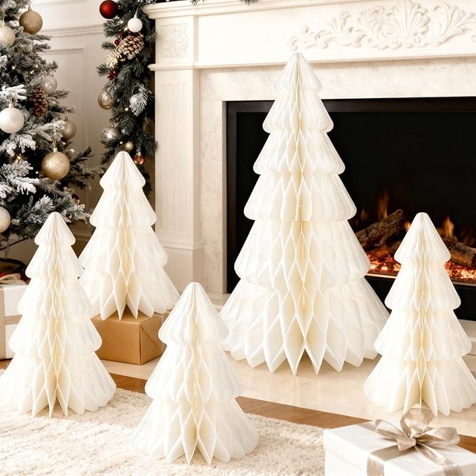 Christmas Table Decorations Indoor, 5 Pcs Extra Large White Honeycomb Paper Christmas Trees, Vintage Table Centerpieces Decorations for Xmas Winter Wonderland New Year Party Weddings Home Decor