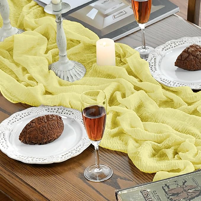 Artoid Mode Boho Light Yellow Gauze Wedding Table Runner, 160 Inch Seasonal Fabric Kitchen Dining Holiday Table Decor for Home Party Indoor