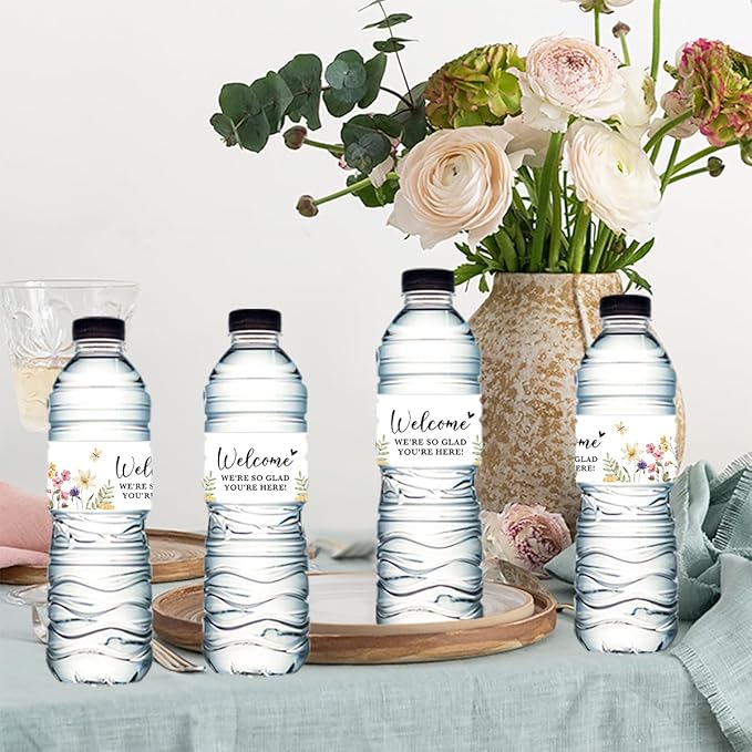 100PCS Wedding Water Bottle Labels Waterproof Greenery Floral Wraps Sticker for Water Bottle Baby Shower Bottle Label for Bridal Shower Party Welcome (Wildflowers)