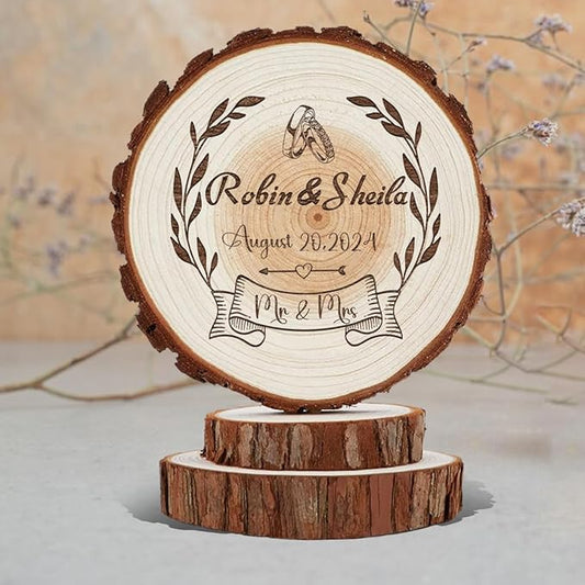 Personalized Rustic Wedding Cake Topper Wood Boho Custom Wedding Cake Toppers Mr Mrs, Wooden Slice Groom and Bride Gifts Decorations, Country Style Anniversary Party Supplies in Wood