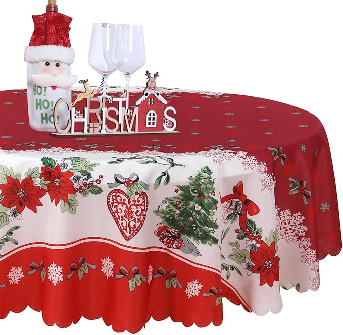 LUSHVIDA Christmas Round Table Cloth – Washable Water Resistance Holiday Microfiber Tablecloth Decorative Table Cover for Banquet Party Kitchen Dining Room, 60 Inch