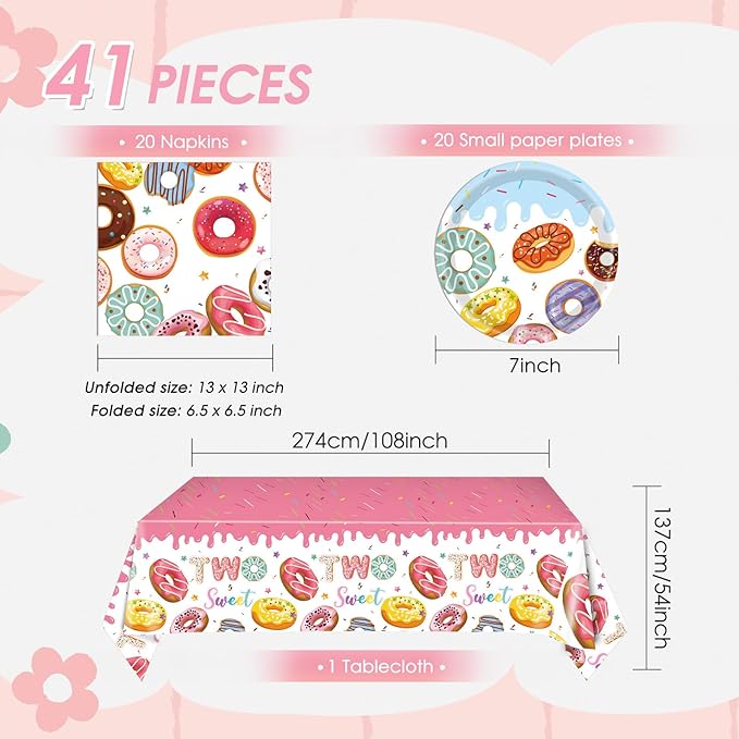 41Pcs Donut Grow Up Party Tableware Set - Sprinkle Paper Plates,Napkins,Table cloth丨Sweet One Birthday,Four Ever&Two Sweet Birthday,Baby Sprinkle Party Decorations Supplies,Serves 20