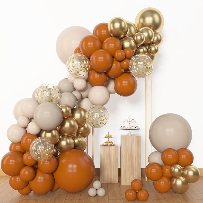 Amandir 153pcs Burnt Orange Balloon Garland Arch Kit, Different Sizes 18 12 10 5inch White Sand Nude Latex Metallic Gold Confetti Fall Thanksgiving Balloons for Baby Shower Birthday Party Decorations