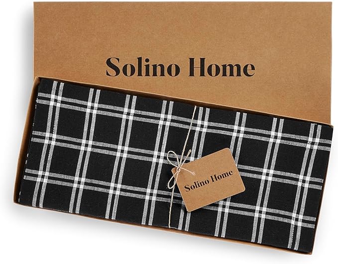 Solino Home Fall Table Runner 90 Inches Long - 100% Pure Linen Marseille Plaid Black Table Runner 14 x 90 Inch for Dining, Autumn, Thanksgiving, Christmas