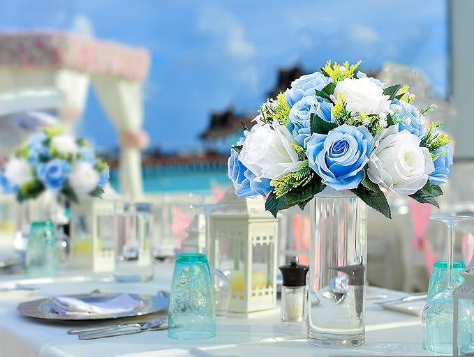 Artificial Flowers Rose Centerpieces, 6 Pcs Faux Flower Kissing Ball Fake Flower 15 Heads Plastic Roses with Base Perfect for Wedding Bouquets Party Table Decor for Flower Balls Wedding(Blue White)