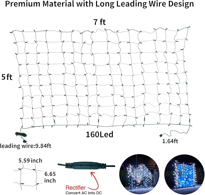 Led Christmas Net Lights White Outdoor Christmas Lights 160LED 5ftx7ft, Waterproof Outdoor Indoor Fairy Mesh Net Light for Xmas Party, Yard, Patio, Trees, Shrubs, Bushes Decorations