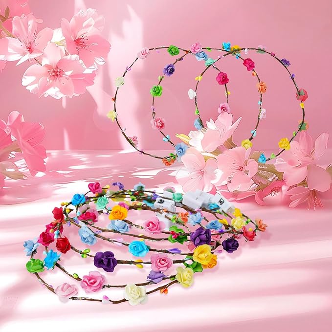 24 PCS LED Flower Crowns Headbands, Light Up Flower Crowns for Women & Girls, Glow in The Dark Flower Hairbands Wreath for Wedding Beach Party Birthday Cosplay Gifts, Halloween, Christmas