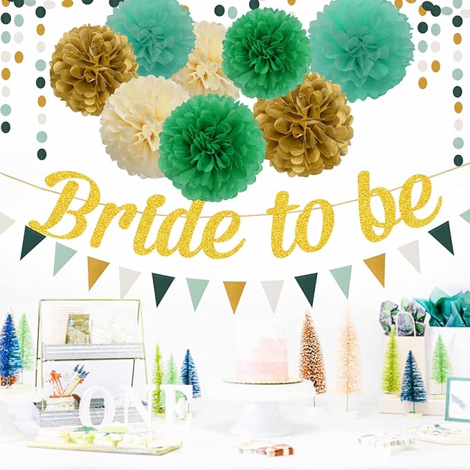 Sage-Green Beige-Gold Bridal Shower Party-Decorations - 31pcs Kits Bride to Be Banner Flags, Tissue Paper Pom Poms Streamers,Bachelorette Tassel Garland Decor Panduola