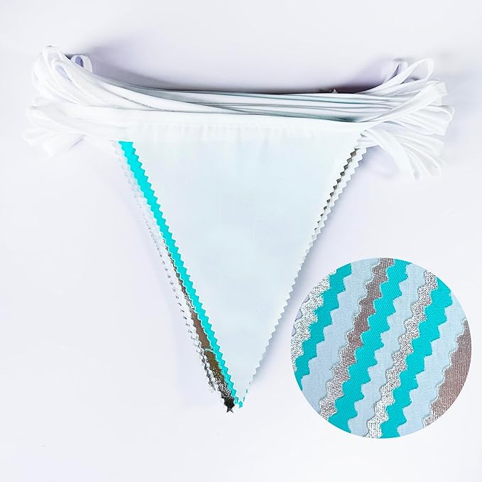 32Ft Teal Blue Silver Party Decorations Silver Aqua Green Fabric Pennant Triangle Banner Flag Streamer Garland for Under The Sea Birthday Ocean Baby Shower Summer Gender Reveal Party Decor Supplies