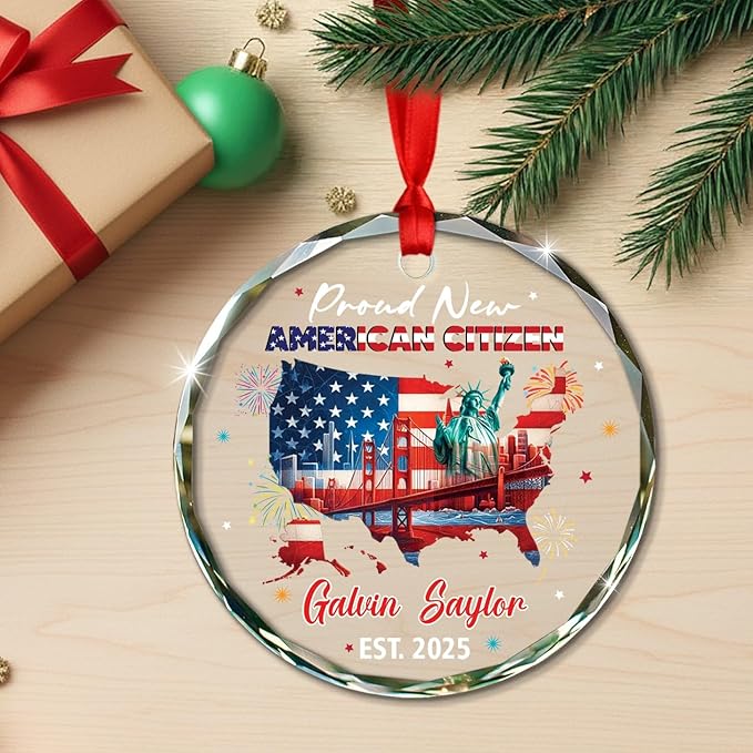 Proud New American Citizen Glass Xmas Ornament 2025, Personalized Year Name Congrats Citizenship Celebration Keepsake Ornaments, Custom NYC Cityscape Christmas Ornament Gift for US Lovers Citizenship